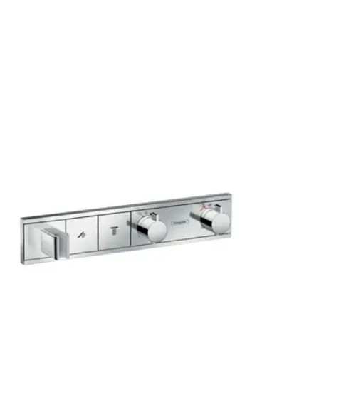 Hansgrohe Thermostat mit zwei Bedienknöpfen und integriertem Brausehalter in Chrom. Geeignet für die wandmontierte Anwendung.